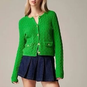 J. Crew Odette Cable Knit Sweater Lady Jacket Size Medium Green Gold Buttons